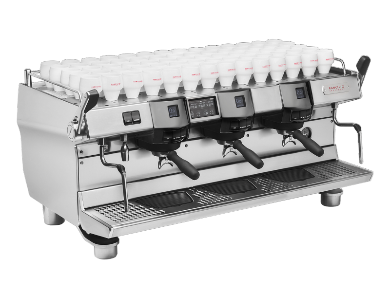 This image is a front-side view of the Rancilio Specialty RS1 3 group espresso machine in Stainless Steel, with adjustable drip tray for varied brew group height and volumetric dosing controls.